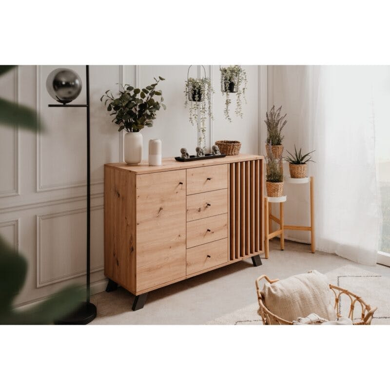 Liadomo Sideboard mit 2 Türen und 4 Schubladen in Eiche Artisan Nachbildung mit Abs. Dekor anthrazit - Wohnbeispiel