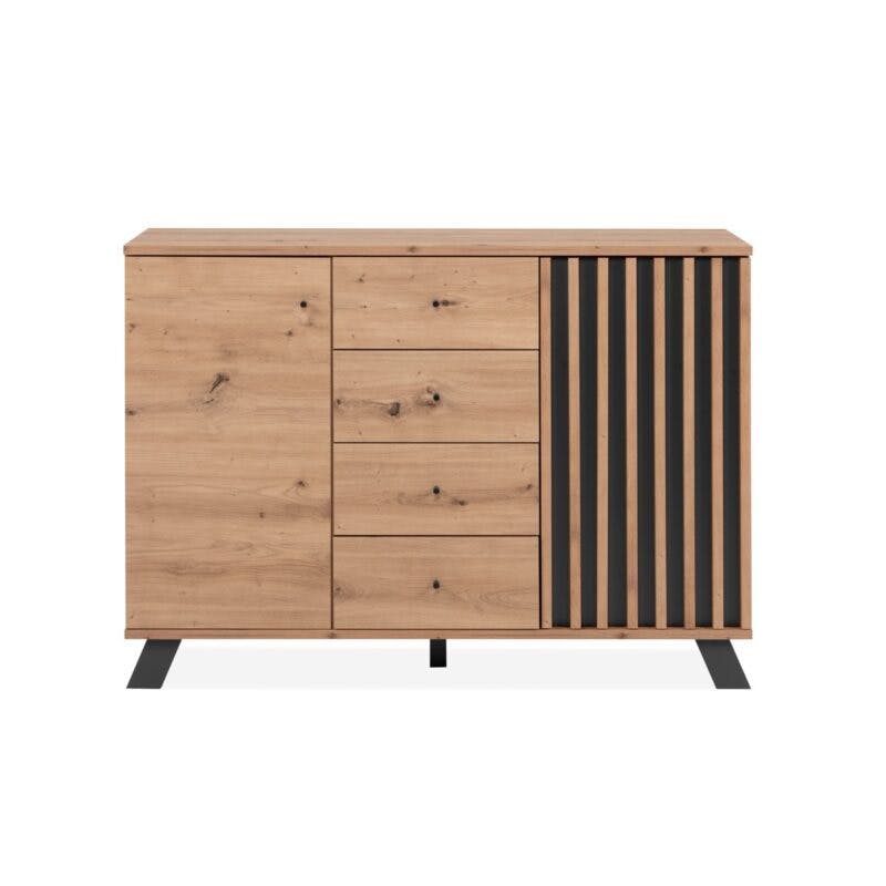 Liadomo Sideboard mit 2 Türen und 4 Schubladen in Eiche Artisan Nachbildung mit Abs. Dekor anthrazit