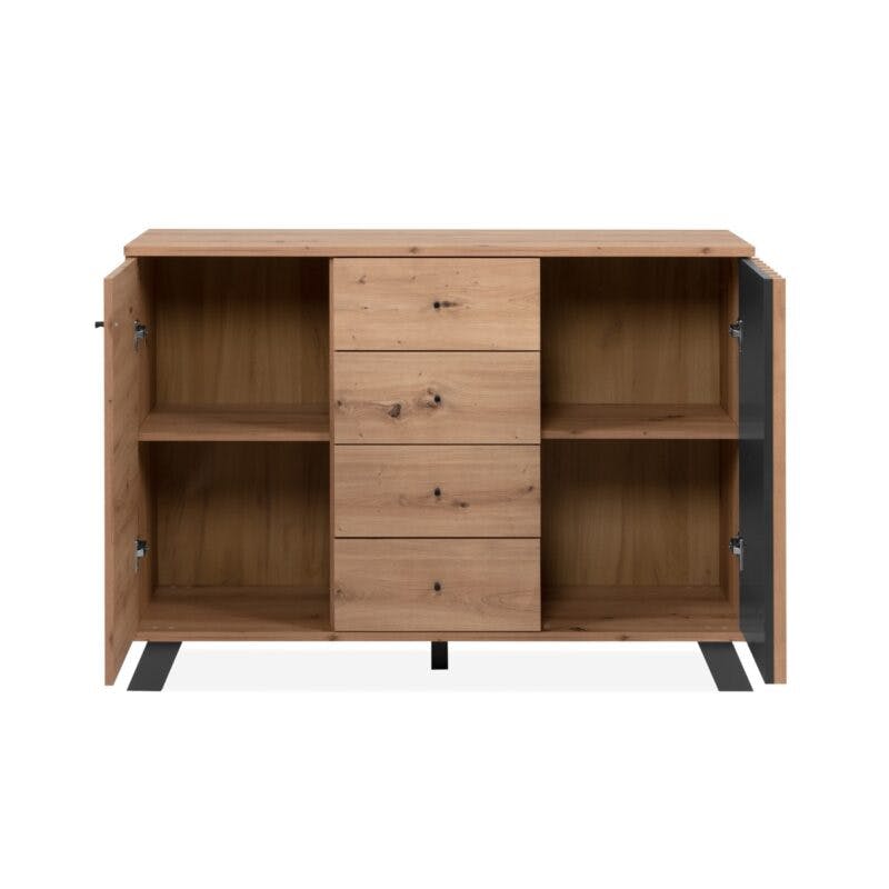 Liadomo Sideboard mit 2 Türen und 4 Schubladen in Eiche Artisan Nachbildung mit Abs. Dekor anthrazit - offen