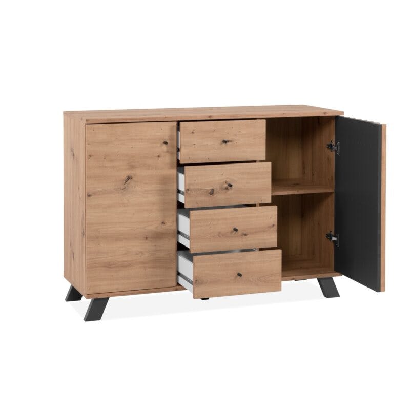 Liadomo Sideboard mit 2 Türen und 4 Schubladen in Eiche Artisan Nachbildung mit Abs. Dekor anthrazit - offen