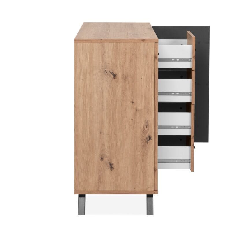 Liadomo Sideboard mit 2 Türen und 4 Schubladen in Eiche Artisan Nachbildung mit Abs. Dekor anthrazit - Seite offen