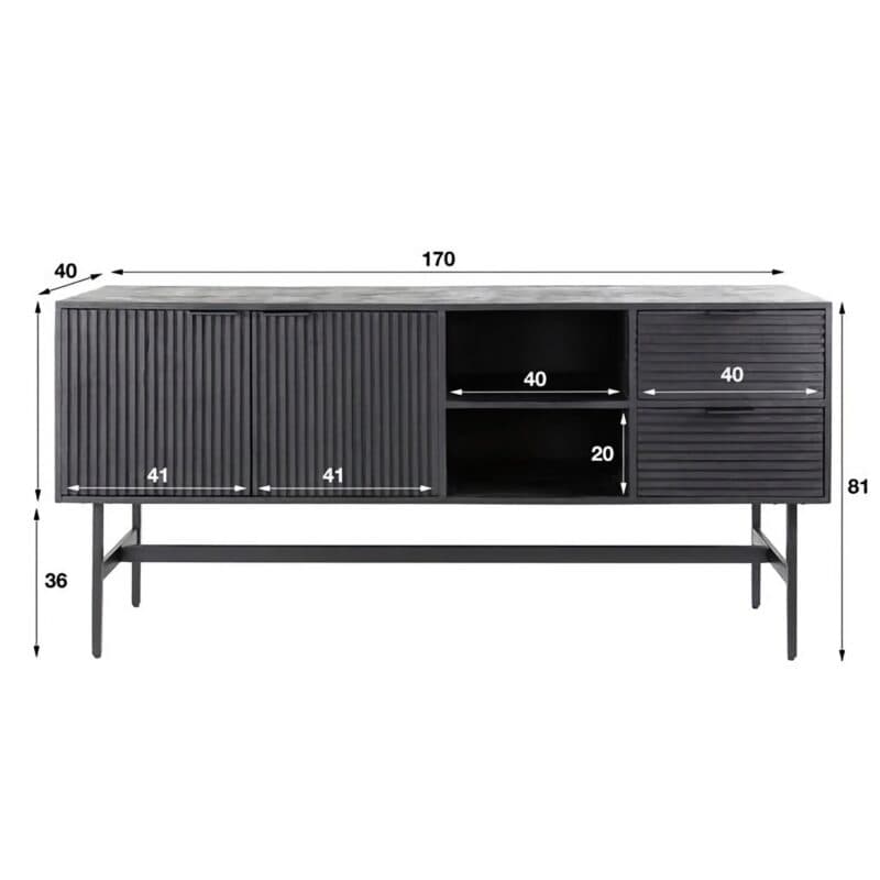 Liadomo Zürich Sideboard mit Holzlamellen in Schwarz - Skizze mit Maßen