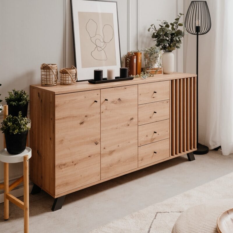 Liadomo Sideboard mit 3 Türen und 4 Schubladen in Eiche Artisan Nachbildung mit Abs. Dekor anthrazit - Wohnbeispiel