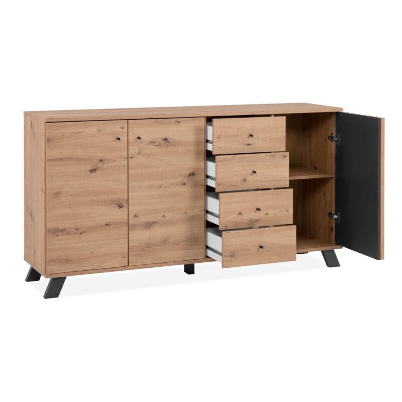 Liadomo Sideboard mit 3 Türen und 4 Schubladen in Eiche Artisan Nachbildung mit Abs. Dekor anthrazit - offen