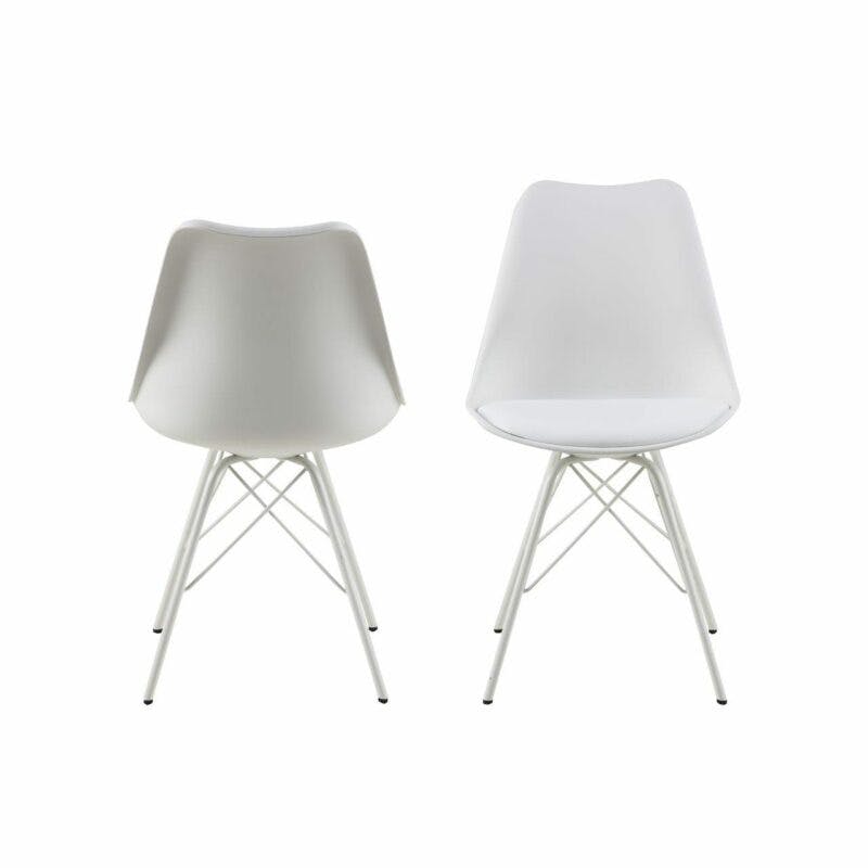 Trendstore „Ariane“ Stuhl mit Bezug aus Kunstleder in Weiß und Metallgestell in Ansicht von hinten und vorne.