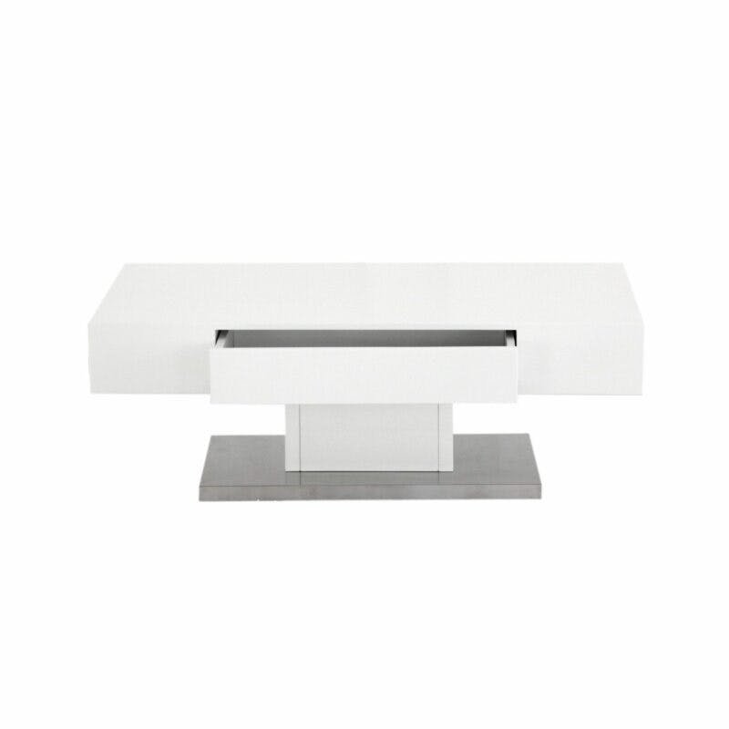 Trendstore „Malia“ Couchtisch mit Tischplatte und Gestell aus MDF weiß matt und Bodenplatte in Edelstahl mit Schubkasten offen