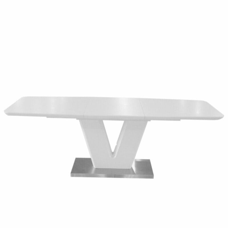 Trendstore „Mallrino“ Esstisch mit Tischplatte und Gestell aus MDF weiß matt und Bodenplatte aus Edelstahl mit Einlegeplatte