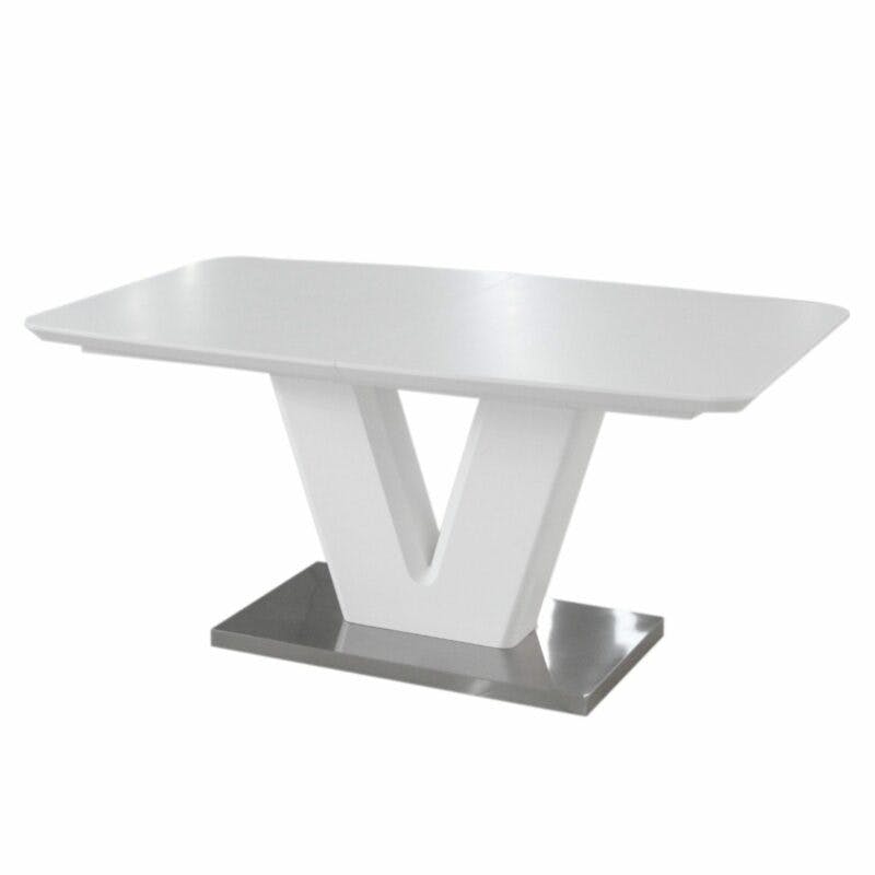 Trendstore „Mallrino“ Esstisch mit Tischplatte und Gestell aus MDF weiß matt und Bodenplatte aus Edelstahl Seitenansicht