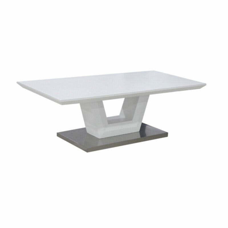 Trendstore „Merrit“ Couchtisch mit Tischplatte und Gestell aus MDF weiß matt und Bodenplatte aus Edelstahl gebürstet seitlich