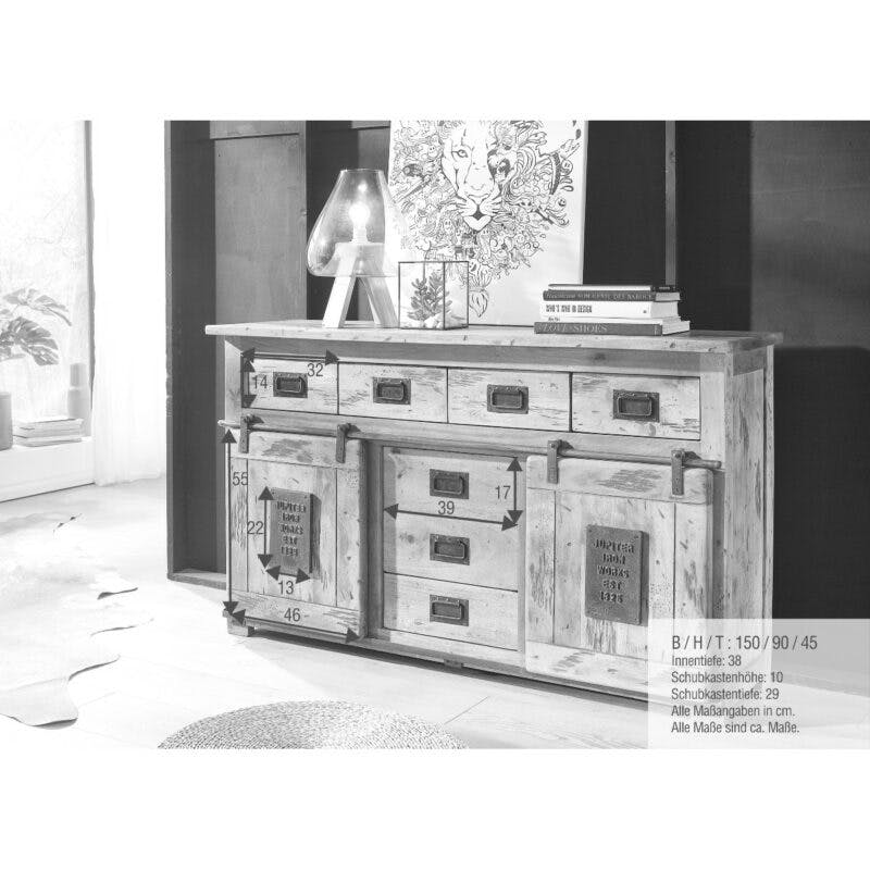 Trendstore Garbi Sideboard mit 2 Türen und 7 Schubladen - Skizze mit Maßen
