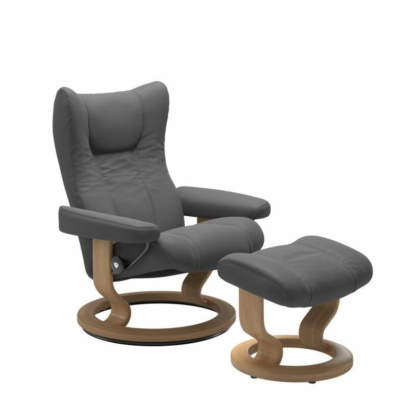 Stressless Wing Sessel Classic mit Hocker – Leder Batick Grey und Untergestell Farbe Eiche