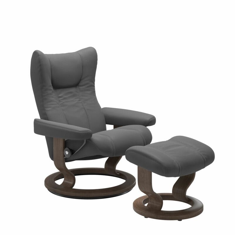 Stressless Wing Sessel Classic mit Hocker – Leder Batick Grey und Untergestell Farbe Walnuss