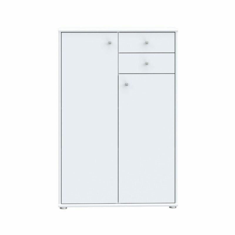 Trendstore Faik Highboard mit drei Türen und zwei Schubladen in Weiß in frontaler Ansicht.