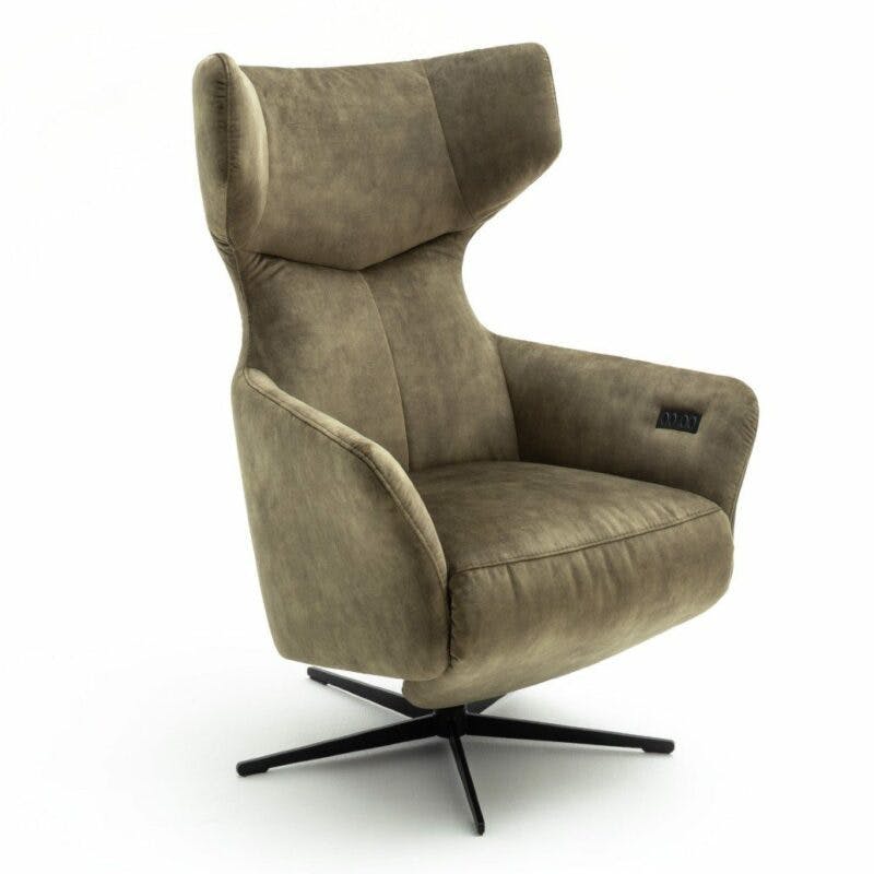 Contur Einrichten Noto Relax II motorisch verstellbarer Sessel mit Veloursbezug in Moosgrün als Freisteller.