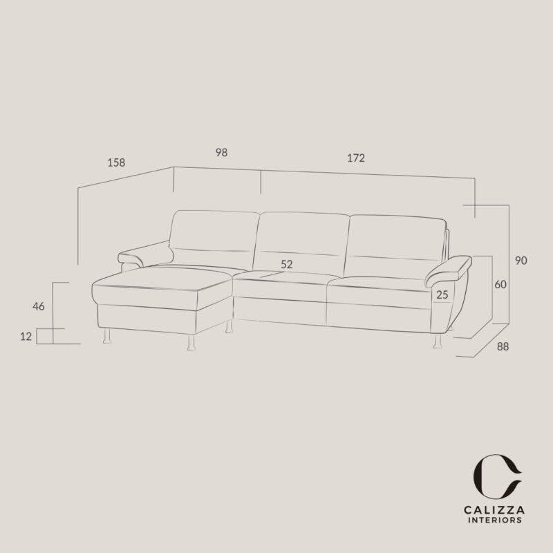 Calizza Interiors Onyx Sofa mit Ottomane links als Skizze mit Maßen
