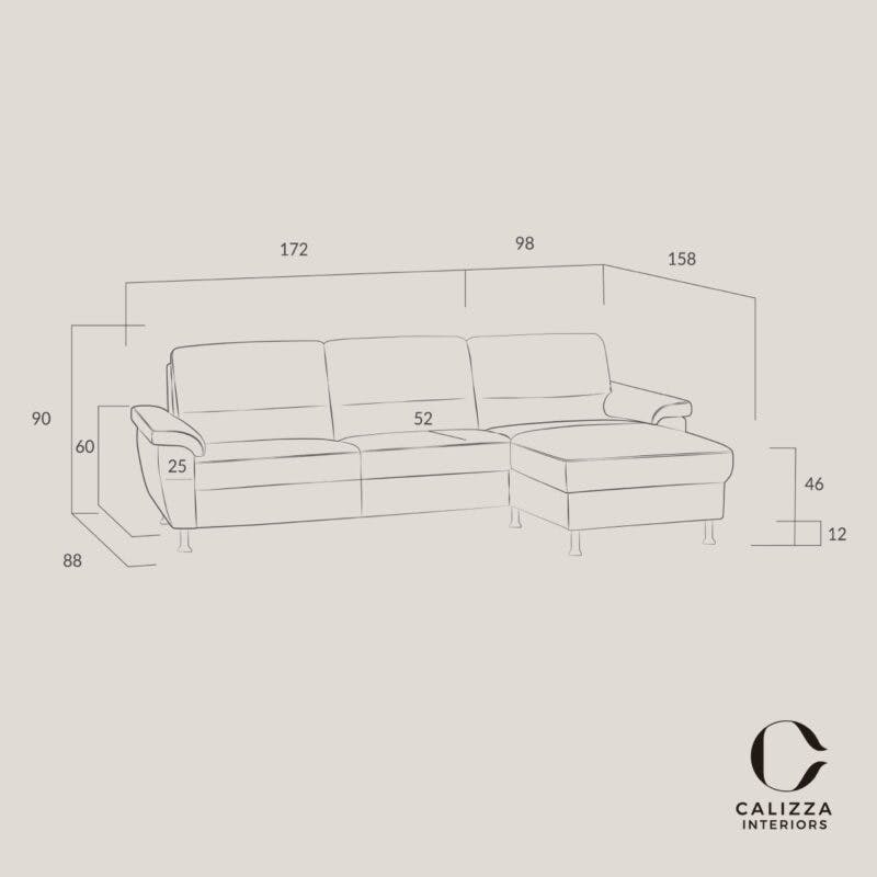 Calizza Interiors Onyx Sofa mit Ottomane rechts als Skizze mit Maßen