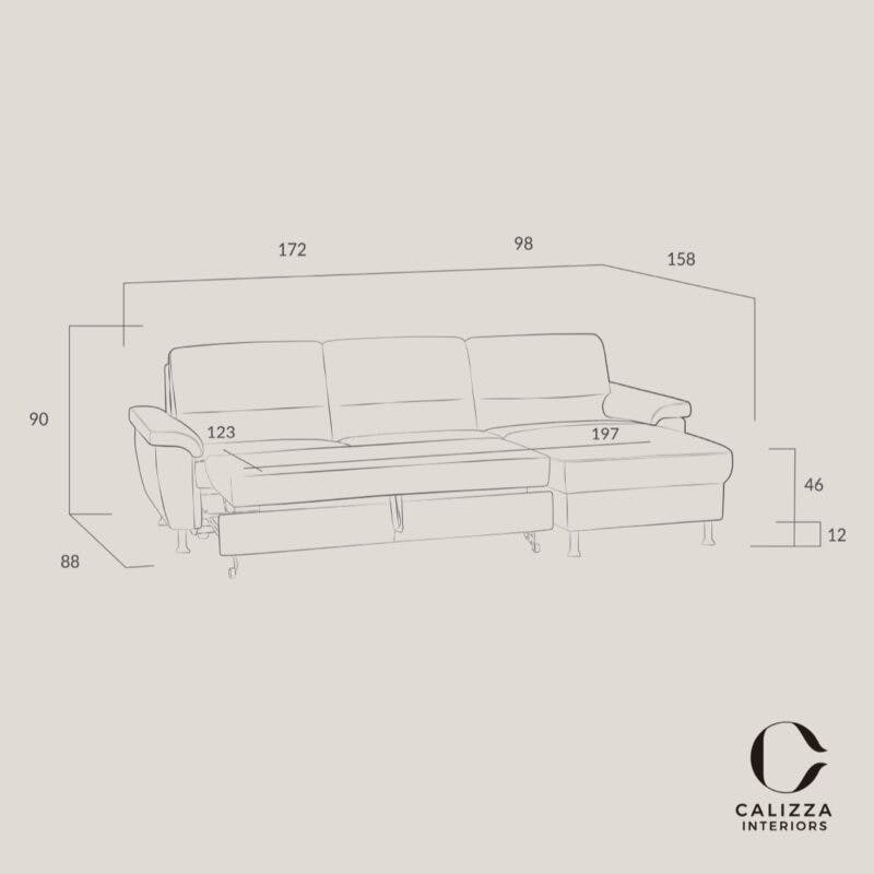 Calizza Interiors Onyx Sofa mit Ottomane rechts und ausgezogener Schlaffunktion als Skizze mit Maßen