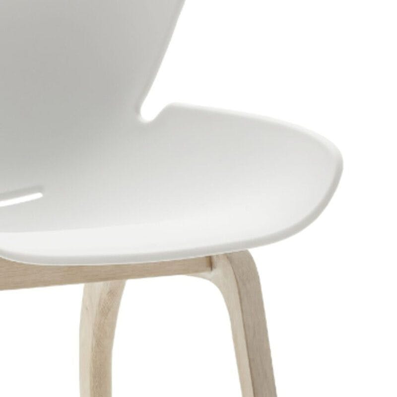 Raum.Freunde Tooon Stuhl mit Kunststoffschale in Weiß und 4-Fuß-Gestell in Eiche, Detailansicht Schale.
