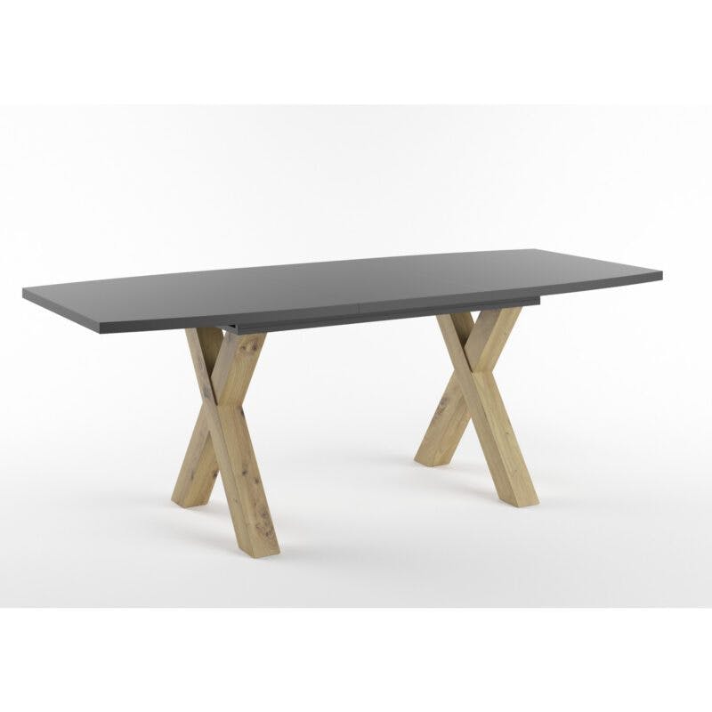 Set One Atlanta-System Esstisch Tischplatte bootsförmig Dekor anthrazit matt Gestell X-Form Artisan Eiche Holznachbildung ausgezogen