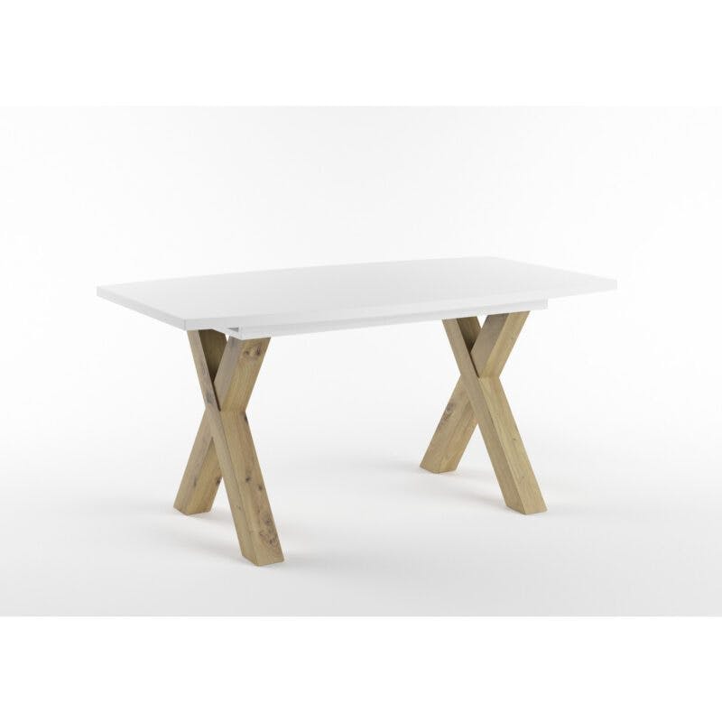 Set One Atlanta-System Esstisch Tischplatte bootsförmig Dekor weiß matt Gestell X-Form Artisan Eiche Holznachbildung schräg