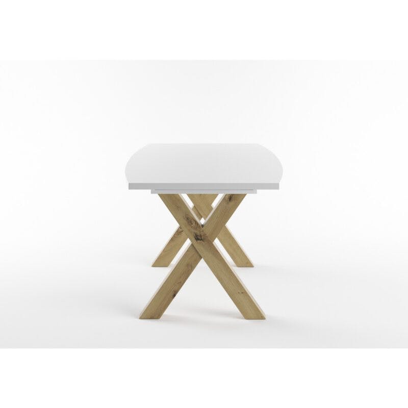 Set One Atlanta-System Esstisch Tischplatte bootsförmig Dekor weiß matt Gestell X-Form Artisan Eiche Holznachbildung seitlich