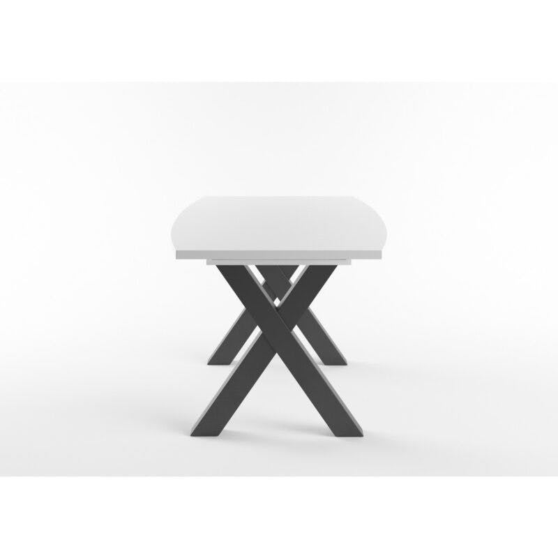 Set One Atlanta-System Esstisch Tischplatte bootsförmig Dekor weiß matt Gestell X-Form Dekor Schwarzstahl seitlich