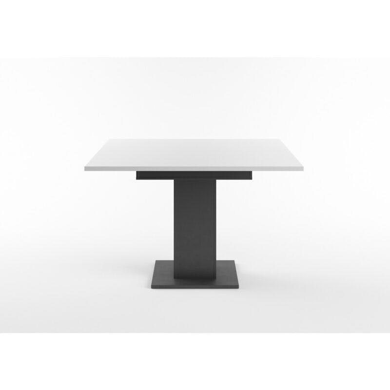 Set One Atlanta-System Esstisch Tischplatte quadratisch Dekor weiß matt Säule quadratisch Dekor Schwarzstahl seitlich