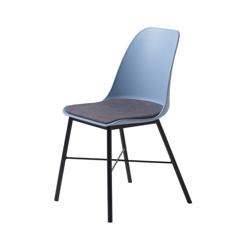 Trendstore Whistler Stuhl mit blauer Kunststoffschale, grauem Sitzpolster und schwarzem Metallgestell.