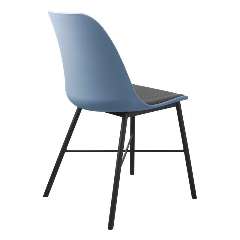 Trendstore Whistler Stuhl mit blauer Kunststoffschale, grauem Sitzpolster und schwarzem Metallgestell.