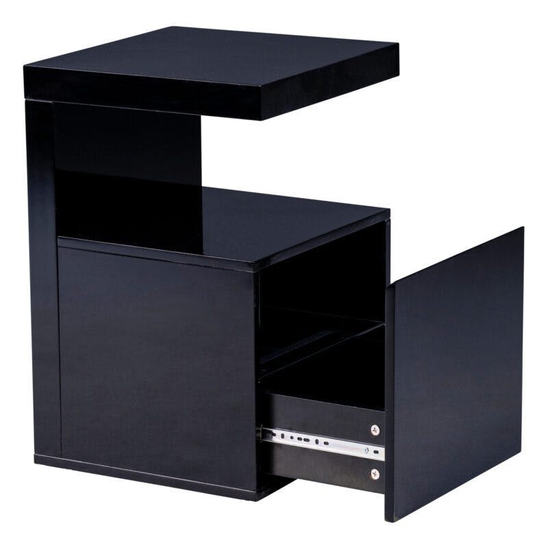 M2 Kollektion Pam Beistelltisch Dekor schwarz Hochglanz – mit ausgezogener Schublade