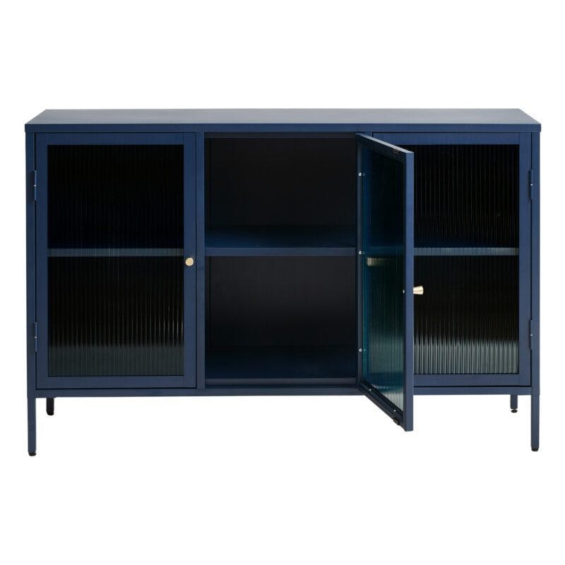 Trendstore Undine Sideboard aus blauem Metall mit Glaseinsatz - mittig offen