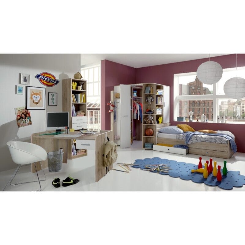 Wimex Joker Jugendzimmer, 6-teiliges Set aus begehbarem Kleiderschrank, Garderobe, Bett, Bettschubkästen, Schreibtisch und Regal - Wohnbeispiel