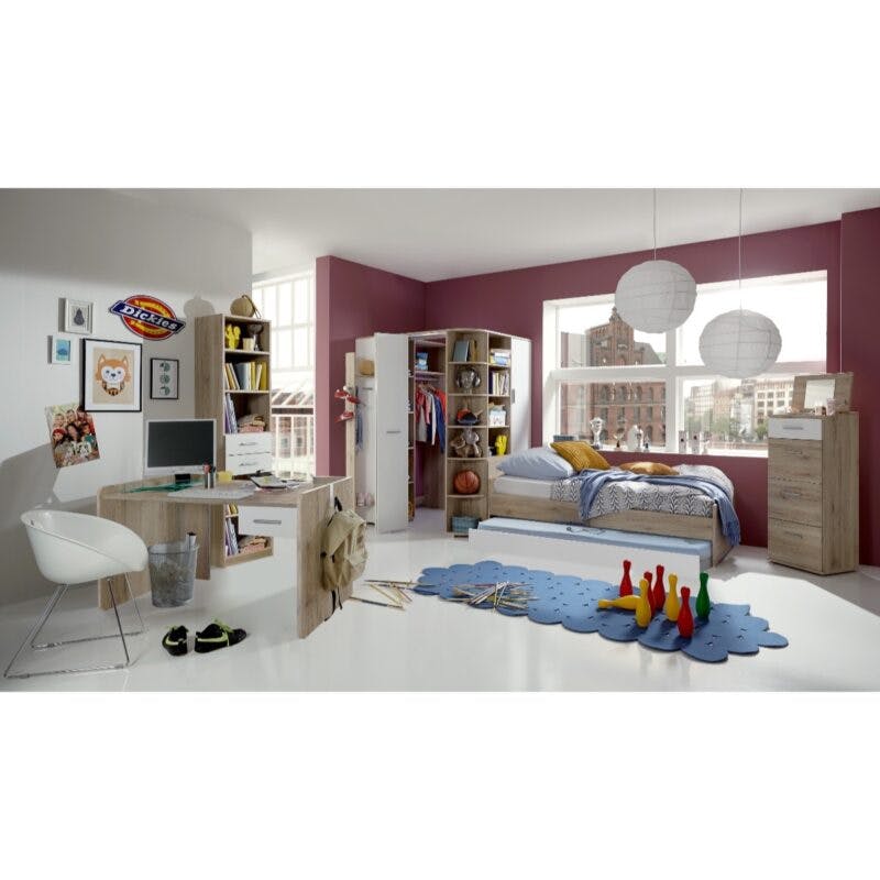 Wimex Joker 7-teiliges Jugendzimmer bestehend aus Bett mit Ausziehliege, begehbarem Kleiderschrank, Schminkkommode, Regal, Schreibtisch und Garderobe