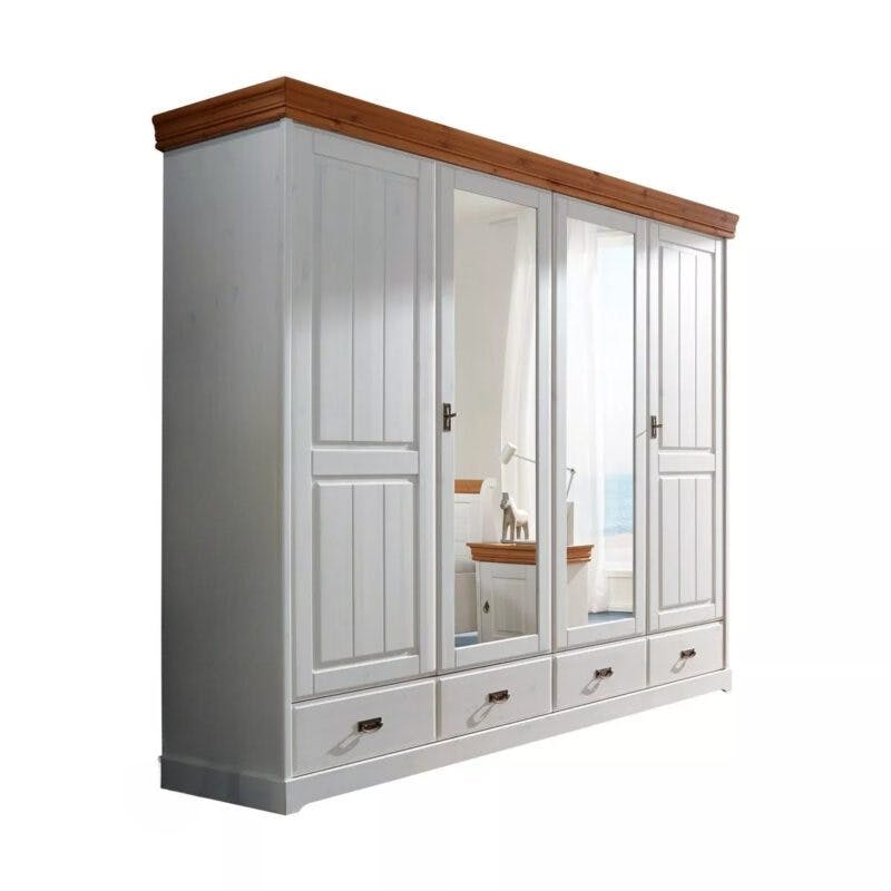 Trendstore Gaius Kleiderschrank mit zwei Holz- und zwei Spiegeltüren und zwei Schubladen, in Kiefer massiv weiß gewachst mit Deckplatte in der Farbe Honig