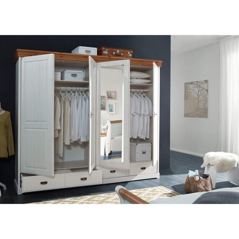 Trendstore Gaius Kleiderschrank mit vier Türen und zwei Schubladen, Innenausstattung mit zwei Fachböden und zwei KLeiderstangen.