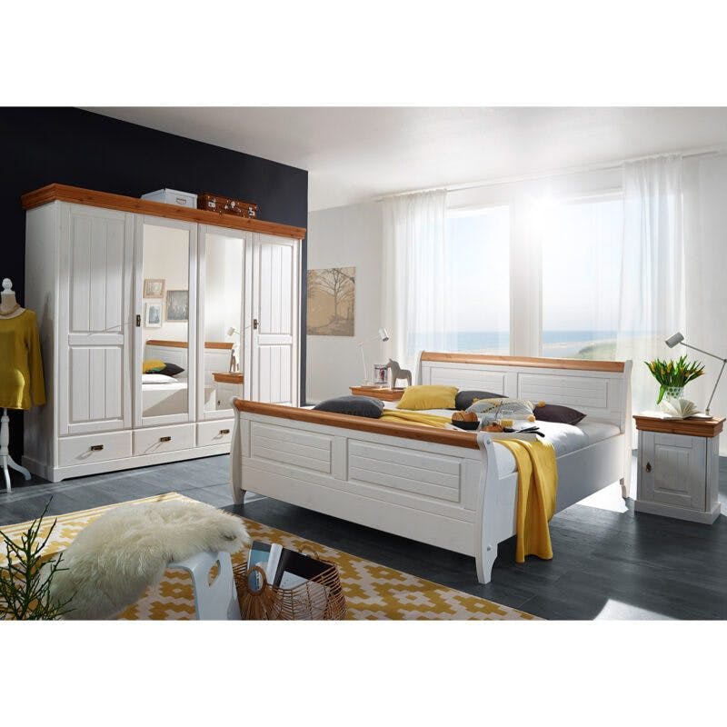 Trendstore Gaius Kleiderschrank mit zwei Holz- und zwei Spiegeltüren und zwei Schubladen, in Kiefer massiv weiß gewachst mit Deckblatt in der Farbe Honig