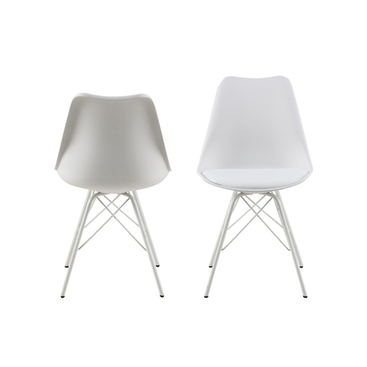 Trendstore „Ariane“ Stuhl mit Bezug aus Kunstleder in Weiß und Metallgestell in Ansicht von hinten und vorne.