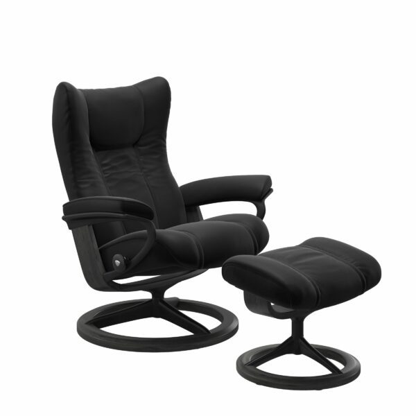 Stressless Wing Sessel mit Hocker in Leder Paloma Black - Gestell Grau und schwarzes Metall