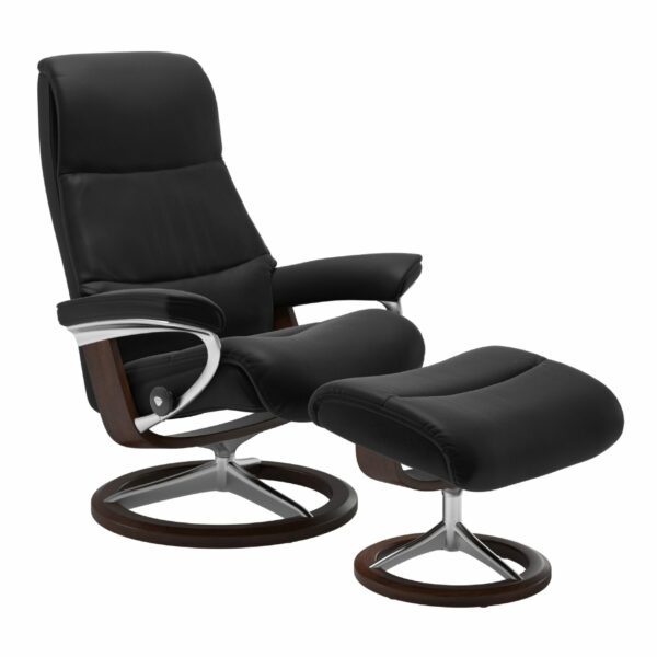 Stressless „View“ Sessel mit Hocker in Leder „Paloma“ Black - Gestell braun