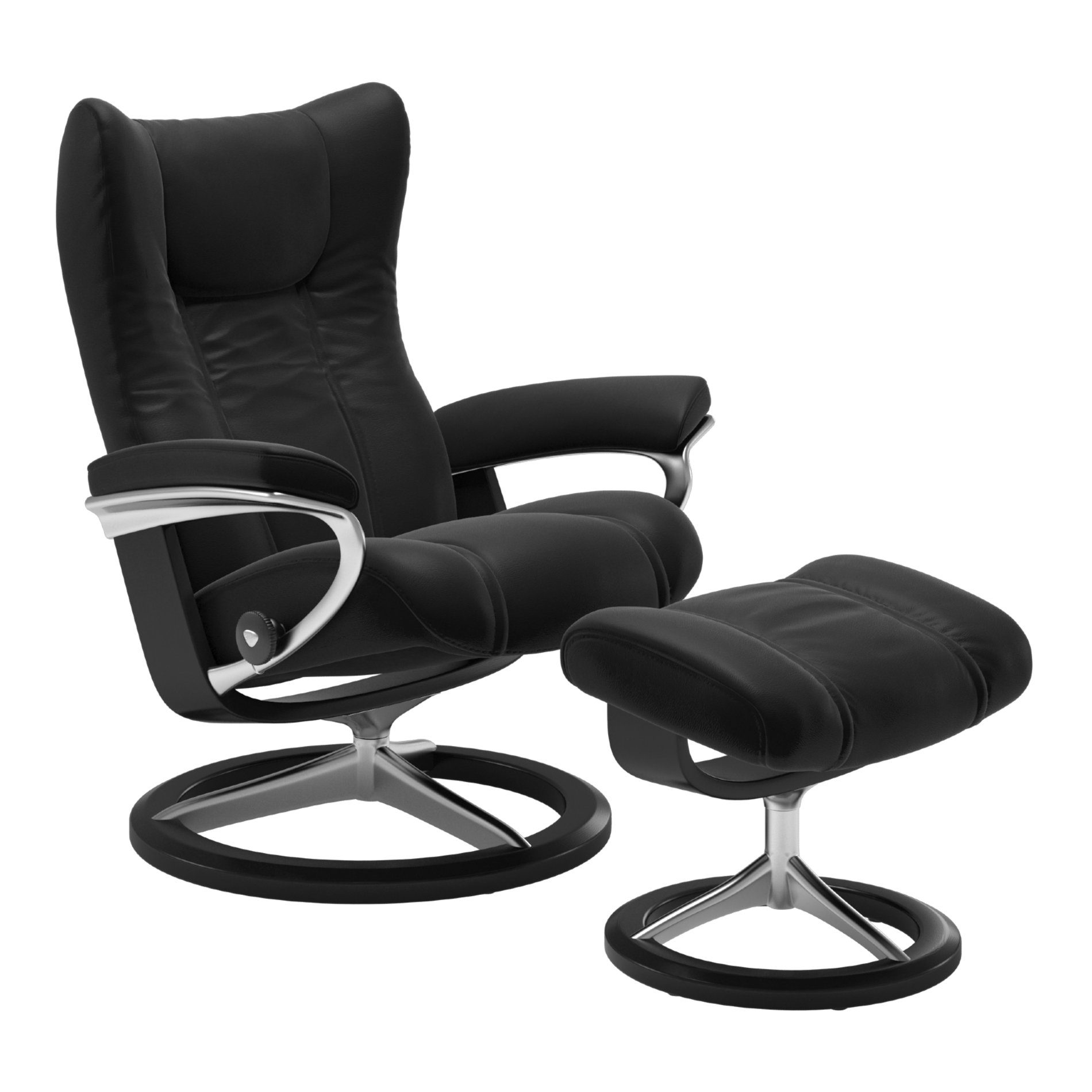 Stressless „Wing“ Sessel mit Hocker in Leder „Paloma“ Black - Gestell schwarz