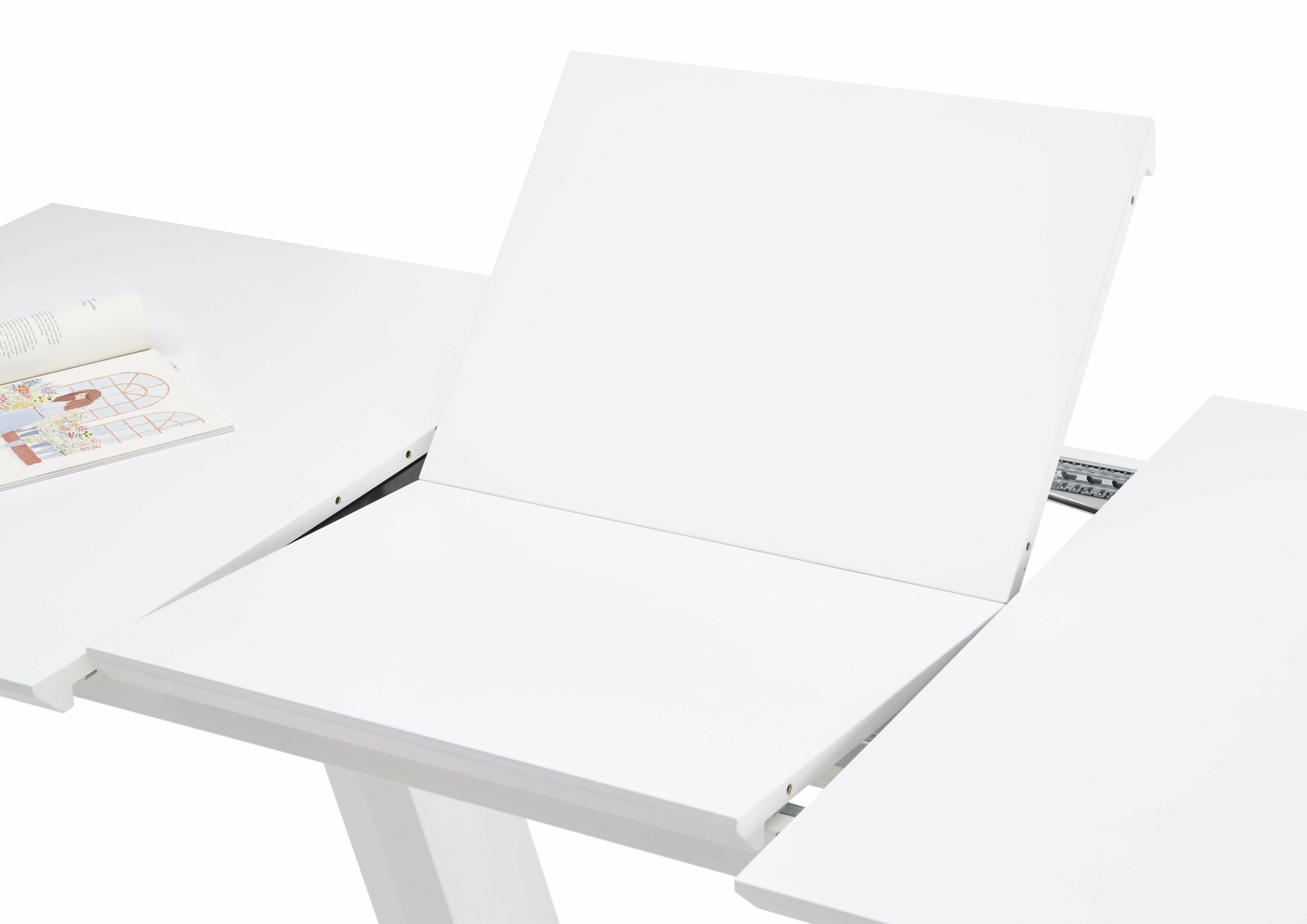 Trendstore „Merrit“ Esstisch mit Tischplatte und Gestell aus MDF weiß und Glas und Gestell aus Edelstahl gebürstet Erklärung Auszug