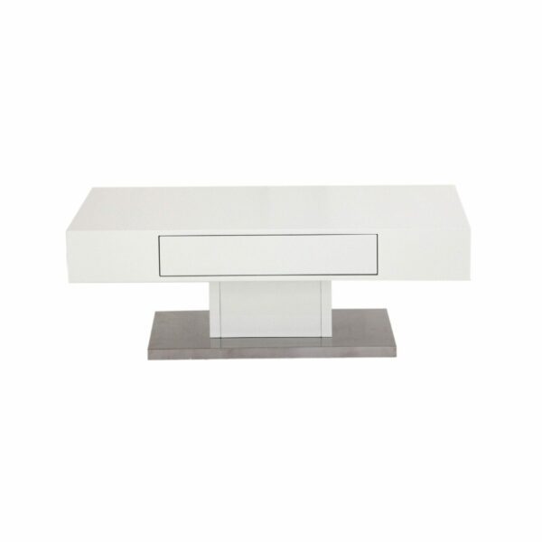 Trendstore „Malia“ Couchtisch mit Tischplatte und Gestell aus MDF weiß matt und Bodenplatte in Edelstahl mit Schubkasten Frontalansicht