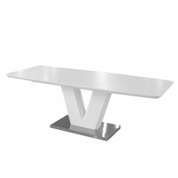 Trendstore „Mallrino“ Esstisch mit Tischplatte und Gestell aus MDF weiß matt und Bodenplatte aus Edelstahl mit Einlegeplatte Seitenansicht