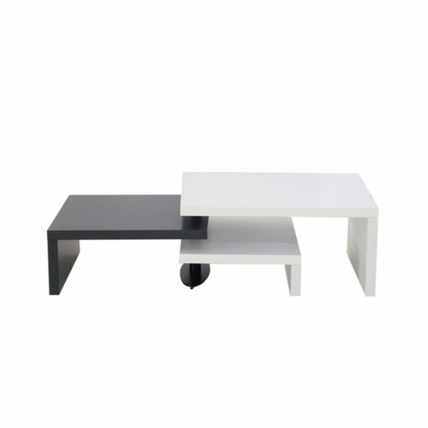 Trendstore „Malou“ Couchtisch mit Drehfunktion und Stopper Tischplatte und Gestell aus MDF weiß matt und dunkelgrau matt Ansicht gesamte Tischlänge