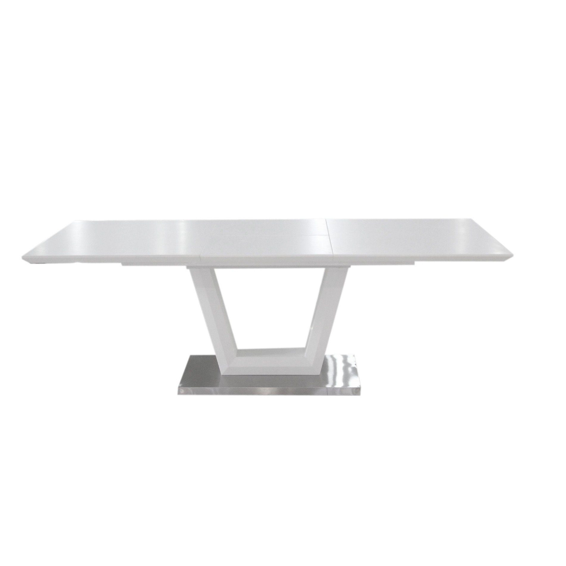 Trendstore „Merrit“ Esstisch mit Tischplatte und Gestell aus MDF weiß und Glas und Gestell aus Edelstahl gebürstet mit Einlegeplatte