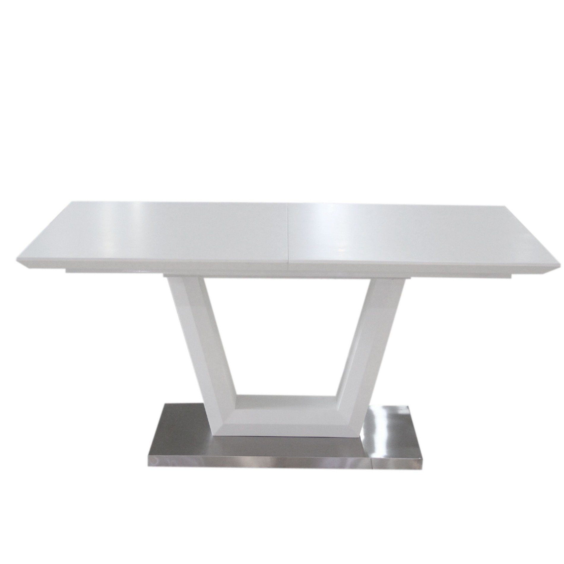Trendstore „Merrit“ Esstisch mit Tischplatte und Gestell aus MDF weiß matt und Glas und Bodenplatte aus Edelstahl gebürstet