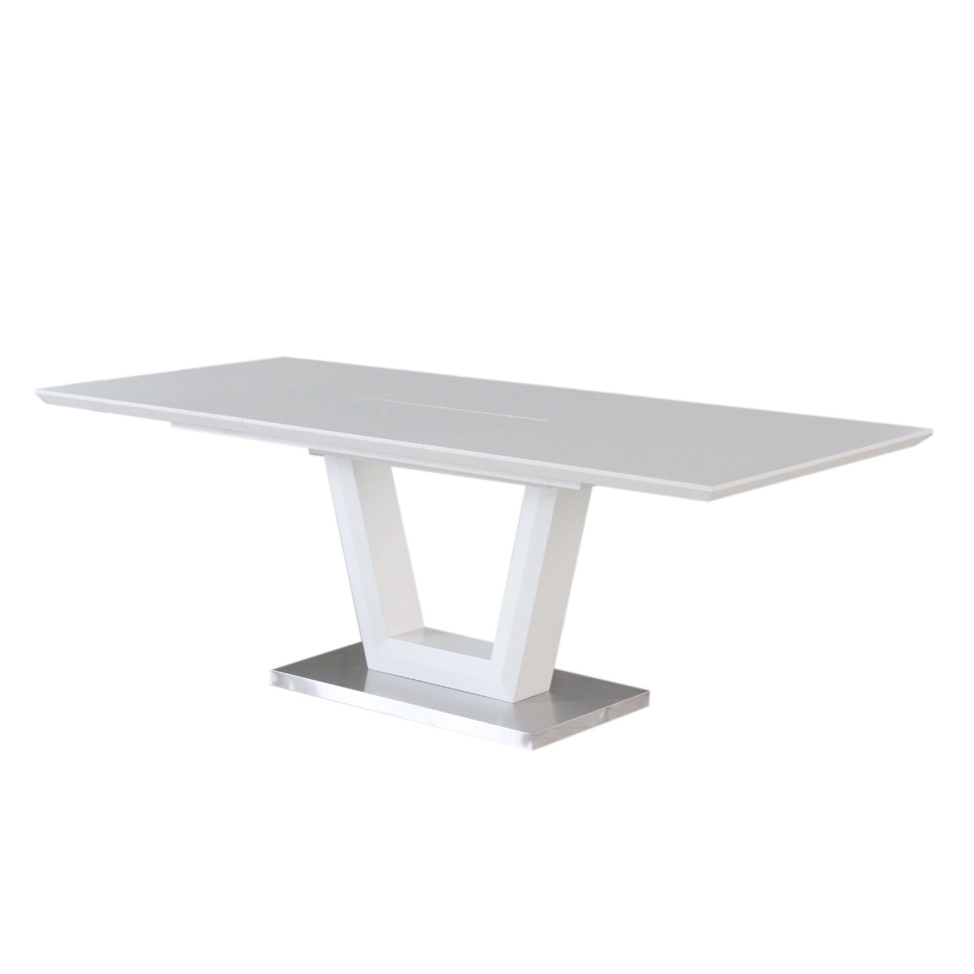 Trendstore „Merrit“ Esstisch mit Tischplatte und Gestell aus MDF weiß und Glas und Gestell aus Edelstahl gebürstet mit Einlegeplatte Seitenansicht