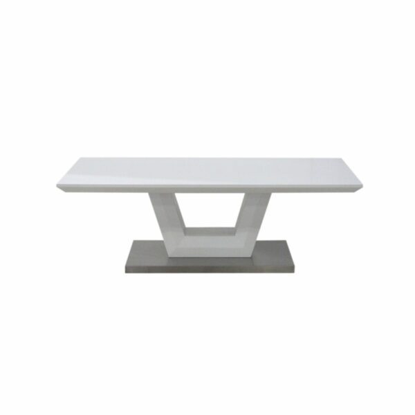 Trendstore „Merrit“ Couchtisch mit Tischplatte und Gestell aus MDF weiß matt und Bodenplatte aus Edelstahl gebürstet Frontansicht
