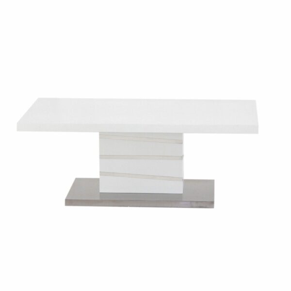 Trendstore „Millant“ Couchtisch mit Tischplatte und Gestell aus MDF weiß matt und Bodenplatte Edelstahl gebürstet Frontansicht