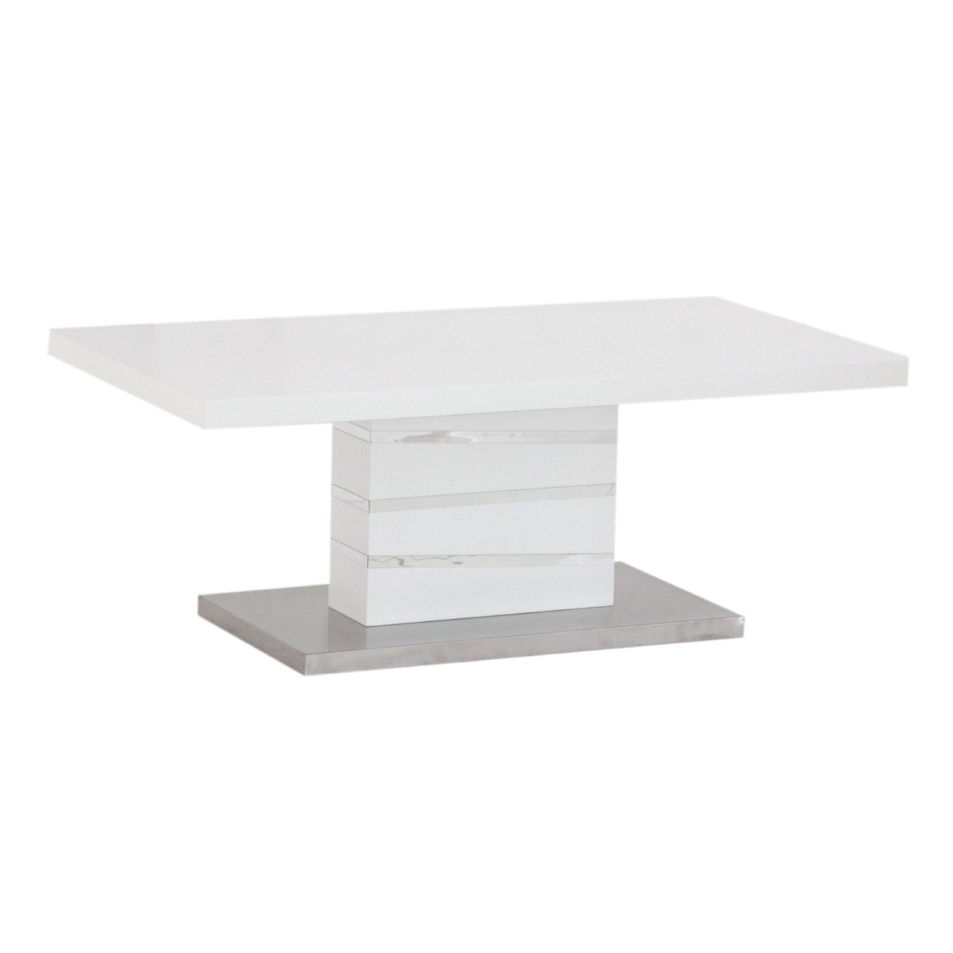Trendstore „Millant“ Couchtisch mit Tischplatte und Gestell aus MDF weiß matt und Bodenplatte Edelstahl gebürstet seitlich